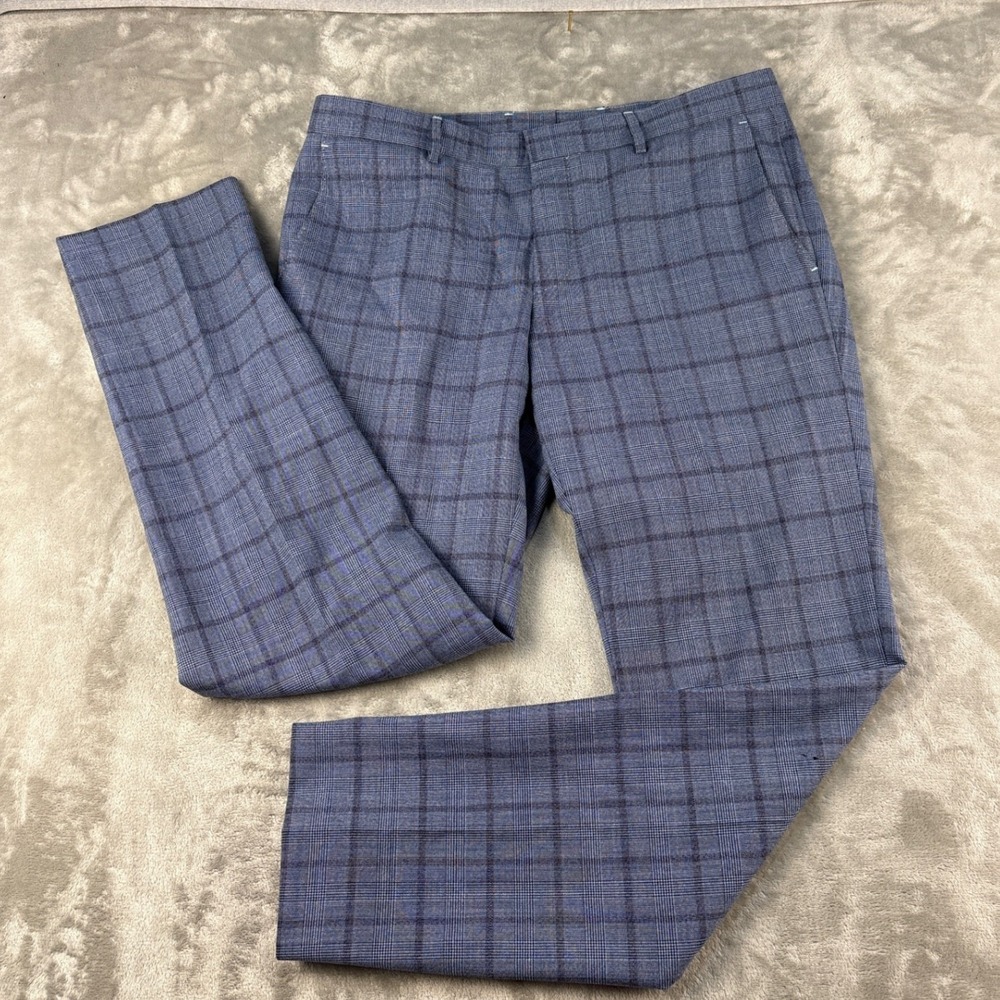 BOSS Dress Pants Mens 34R Glen Plaid Blue Slim Fit Flat Front Trousers